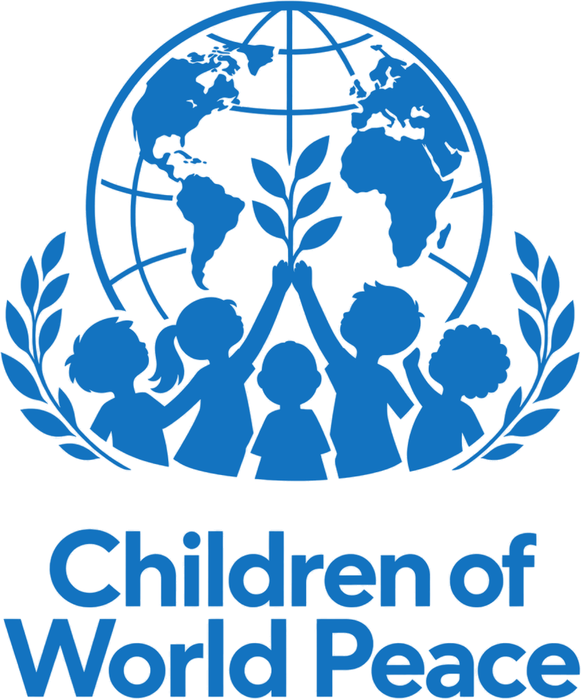 Children of World Peace logo: five children reach up together to an olive sprout in front of the globe